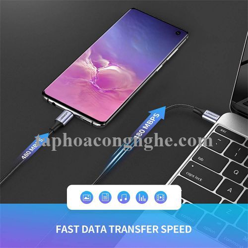 Ugreen 50149 0.5M Type C 2.0 Cáp sạc và truyền dữ liệu từ máy tính ra điện thoại màu xám đen US261 30050149